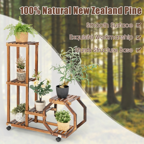 Topbuy 6 Tier 6 Potted Plant Stand Rack 100% Pine Wood Flower Pot Holder Shelf Multi-Layer Flower Stand with Wheels
