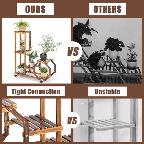 Topbuy 6 Tier 6 Potted Plant Stand Rack 100% Pine Wood Flower Pot Holder Shelf Multi-Layer Flower Stand with Wheels