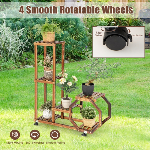 Topbuy 6 Tier 6 Potted Plant Stand Rack 100% Pine Wood Flower Pot Holder Shelf Multi-Layer Flower Stand with Wheels