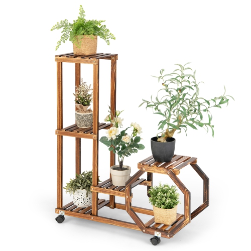 Topbuy 6 Tier 6 Potted Plant Stand Rack 100% Pine Wood Flower Pot Holder Shelf Multi-Layer Flower Stand with Wheels