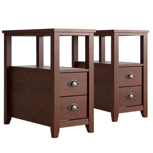 TOPBUY  2-Piece Retro Side End Table Rectangular Nightstand With 2 Drawers & Shelf Coffee/brown