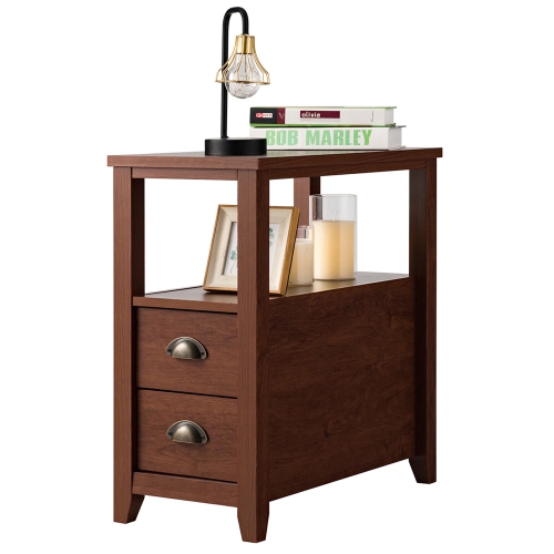 TOPBUY  Retro Wooden Side End Table Rectangular Nightstand With 2 Drawers And Shelf Coffee/brown