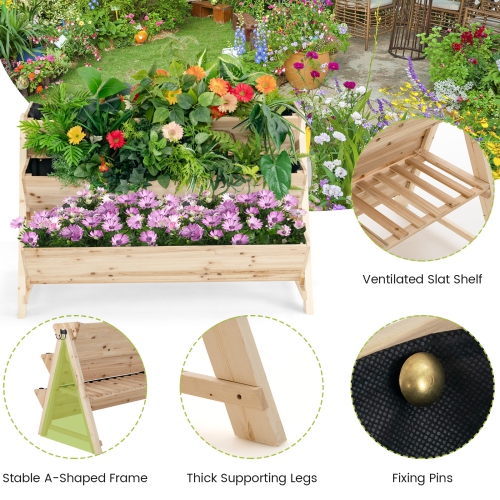 Topbuy Safstar 3-Tier Vertical Garden Bed Wooden Elevated Planter Bed W/ Legs Storage Shelf 2 Hooks Raised Bed Kit