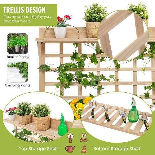 Topbuy Raised Garden Bed with Trellis 41.5x16x54 Inch Mobile Elevated Planter Box with Wheels Bed Liner Top/Bottom Storage Shelves