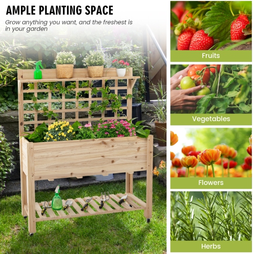 Topbuy Raised Garden Bed with Trellis 41.5x16x54 Inch Mobile Elevated Planter Box with Wheels Bed Liner Top/Bottom Storage Shelves