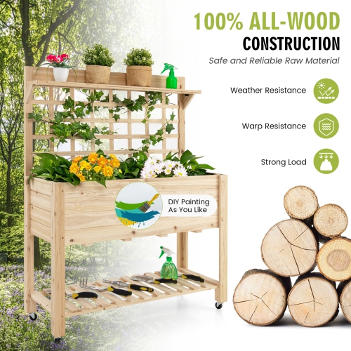 Topbuy Raised Garden Bed with Trellis 41.5x16x54 Inch Mobile Elevated Planter Box with Wheels Bed Liner Top/Bottom Storage Shelves