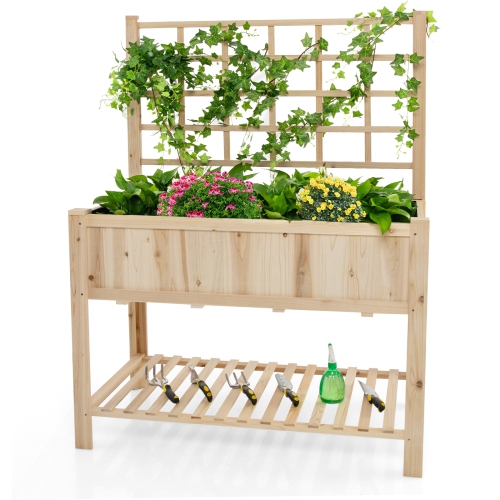 Topbuy Raised Garden Bed with Trellis 48x23x63 Inch Elevated Planter Box with Bed Liner Bottom Storage Shelf