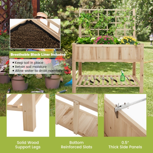 Topbuy Raised Garden Bed with Trellis 48x23x63 Inch Elevated Planter Box with Bed Liner Bottom Storage Shelf