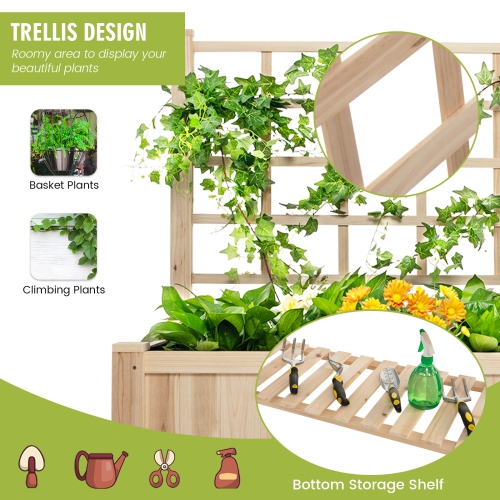 Topbuy Raised Garden Bed with Trellis 48x23x63 Inch Elevated Planter Box with Bed Liner Bottom Storage Shelf