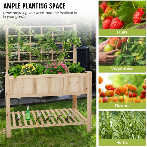 Topbuy Raised Garden Bed with Trellis 48x23x63 Inch Elevated Planter Box with Bed Liner Bottom Storage Shelf