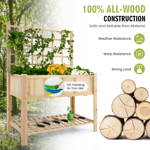 Topbuy Raised Garden Bed with Trellis 48x23x63 Inch Elevated Planter Box with Bed Liner Bottom Storage Shelf
