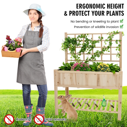 Topbuy Raised Garden Bed with Trellis 48x23x63 Inch Elevated Planter Box with Bed Liner Bottom Storage Shelf