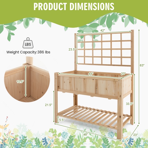 Topbuy Raised Garden Bed with Trellis 48x23x63 Inch Elevated Planter Box with Bed Liner Bottom Storage Shelf