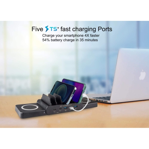 Techsmarter 7-Port Charging Station with 100W Dual USB-C PD, Dual 15W Wireless Charger, Three 18W USB-A Ports. For MacBook, iPad, iPhone, Samsung,