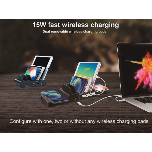 Techsmarter 7-Port Charging Station with 100W Dual USB-C PD, Dual 15W Wireless Charger, Three 18W USB-A Ports. For MacBook, iPad, iPhone, Samsung,