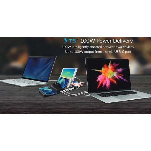 Techsmarter 7-Port Charging Station with 100W Dual USB-C PD, Dual 15W Wireless Charger, Three 18W USB-A Ports. For MacBook, iPad, iPhone, Samsung,