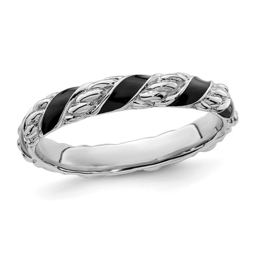 GEM AND HARMONY  Enamel Band Ring In Polished Sterling Silver In Black
