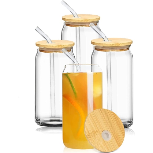 Set Of 4 ] Glasses Cups with Bamboo Lids and Glass Straws - 16 oz Can  Shaped Glasses,Iced Coffee Cup,Glass Tumbler With Straw And Lid Ldeal For  Smoothie Tea Whiskey Juice,Gift