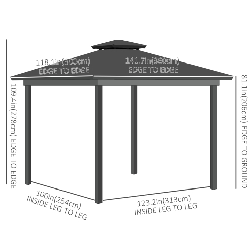 Outsunny 10' x 12' Outdoor Gazebo Canopy, Double&nbsp;Roof Hardtop Gazebo with&nbsp;Polycarbonate Roof, Steel Frame, Nettings&nbsp;and&nbsp;Curtains,