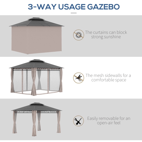 Outsunny 10' x 12' Outdoor Gazebo Canopy, Double&nbsp;Roof Hardtop Gazebo with&nbsp;Polycarbonate Roof, Steel Frame, Nettings&nbsp;and&nbsp;Curtains,