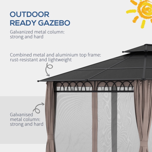 Outsunny 10' x 12' Outdoor Gazebo Canopy, Double&nbsp;Roof Hardtop Gazebo with&nbsp;Polycarbonate Roof, Steel Frame, Nettings&nbsp;and&nbsp;Curtains,