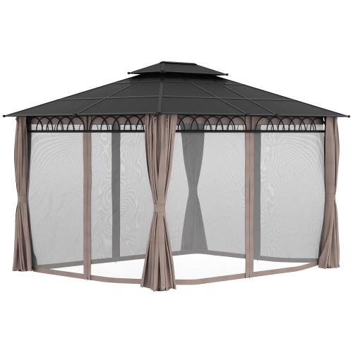 Outsunny 10' x 12' Outdoor Gazebo Canopy, Double&nbsp;Roof Hardtop Gazebo with&nbsp;Polycarbonate Roof, Steel Frame, Nettings&nbsp;and&nbsp;Curtains,