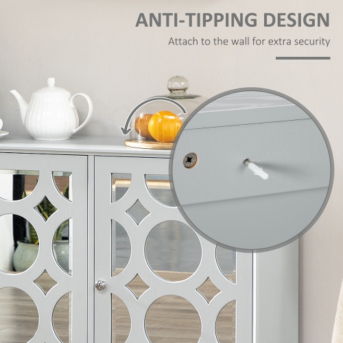 HOMCOM Mirrored Sideboard Buffet Cabinet, 47" Kitchen Storage Cabinet with 3 Doors and Adjustable Shelf for Living Room, Hallway, Grey