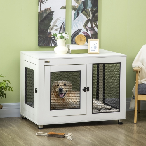 PawHut 37in Dog Crate Furniture with Cushion, Indoor Pet Kennel End Table with 2 Doors, for Large Dogs, White