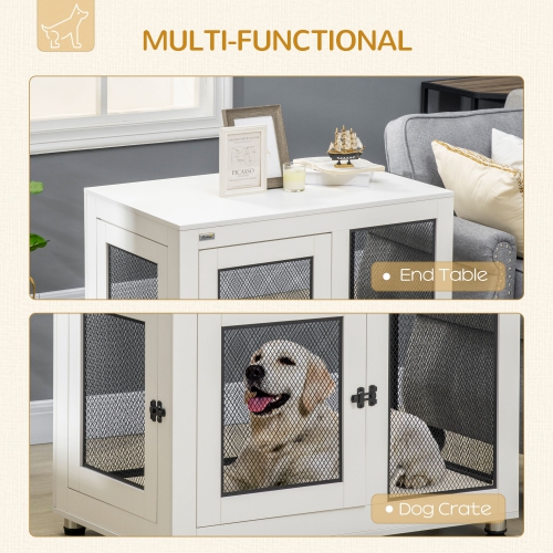 PawHut 37in Dog Crate Furniture with Cushion, Indoor Pet Kennel End Table with 2 Doors, for Large Dogs, White