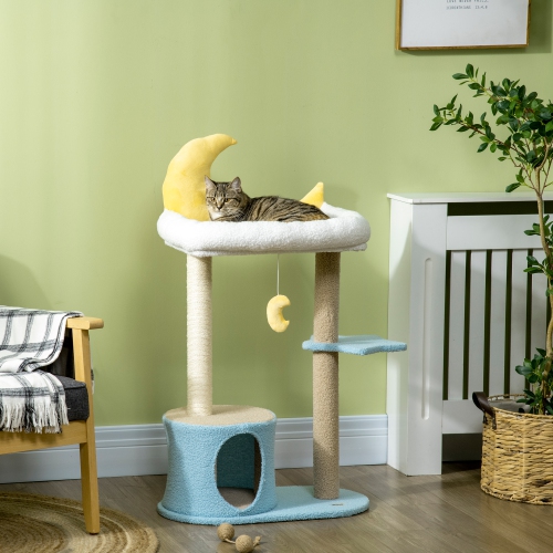 PawHut Moon Cute Cat Tree for Indoor Cats with Kitten Condo and Bed, Cat Tower with Scratching Post, Hanging Moon Shaped Toy, Star Platform, Blue