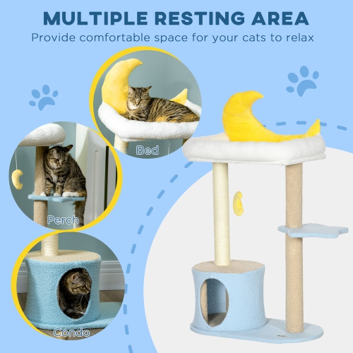 PawHut Moon Cute Cat Tree for Indoor Cats with Kitten Condo and Bed, Cat Tower with Scratching Post, Hanging Moon Shaped Toy, Star Platform, Blue