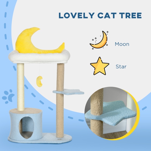 PawHut Moon Cute Cat Tree for Indoor Cats with Kitten Condo and Bed, Cat Tower with Scratching Post, Hanging Moon Shaped Toy, Star Platform, Blue