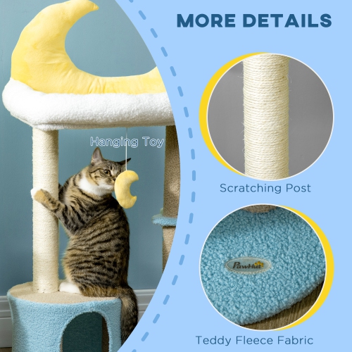 PawHut Moon Cute Cat Tree for Indoor Cats with Kitten Condo and Bed, Cat Tower with Scratching Post, Hanging Moon Shaped Toy, Star Platform, Blue