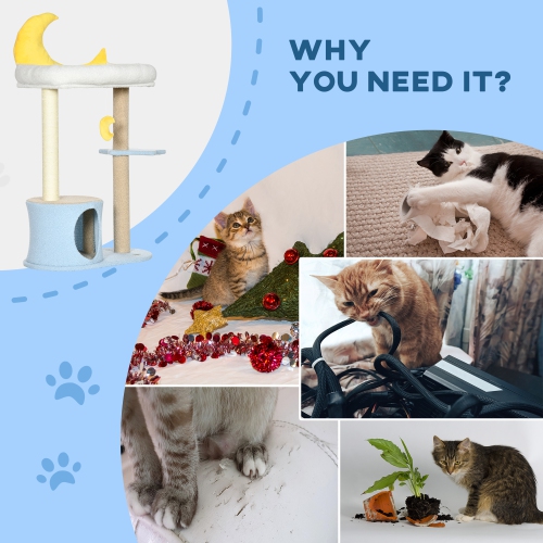 PawHut Moon Cute Cat Tree for Indoor Cats with Kitten Condo and Bed, Cat Tower with Scratching Post, Hanging Moon Shaped Toy, Star Platform, Blue