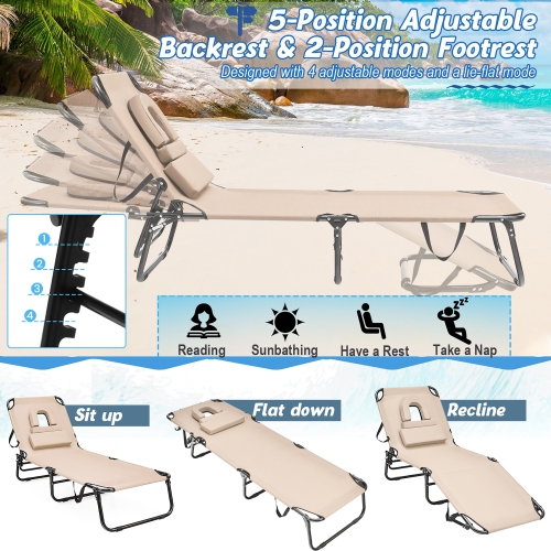 Gymax 5-Position Lounge Chair Adjustable Beach Chaise w/ Face Cavity & Pillows