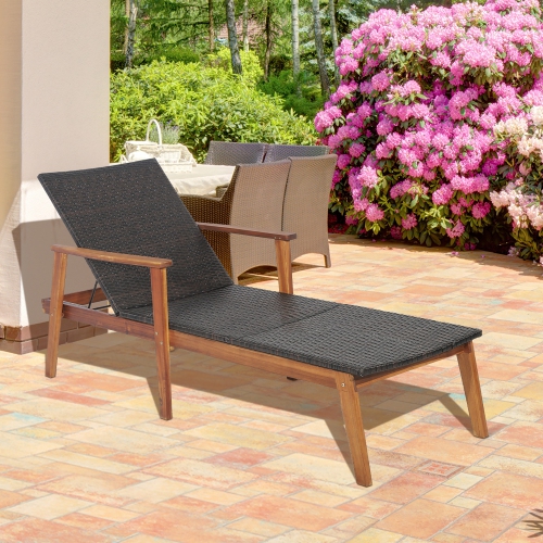 Gymax 2PCS Adjustable Patio Rattan Lounge Chair Recliner Outdoor Chaise Acacia Wood Frame