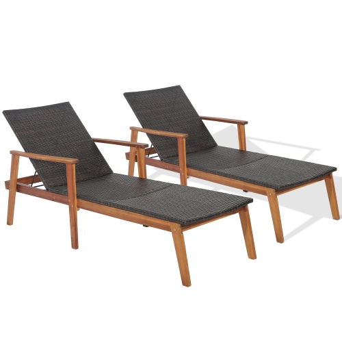 Gymax 2PCS Adjustable Patio Rattan Lounge Chair Recliner Outdoor Chaise Acacia Wood Frame