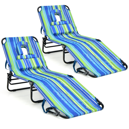 Gymax 2PCS 5-Position Lounge Chair Adjustable Beach Chaise w/ Face Cavity & Pillows