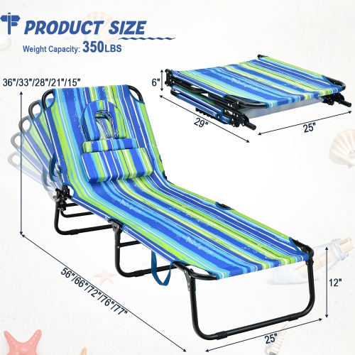 Gymax 2PCS 5-Position Lounge Chair Adjustable Beach Chaise w/ Face Cavity & Pillows
