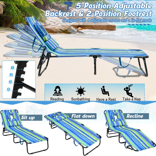 Gymax 2PCS 5-Position Lounge Chair Adjustable Beach Chaise w/ Face Cavity & Pillows