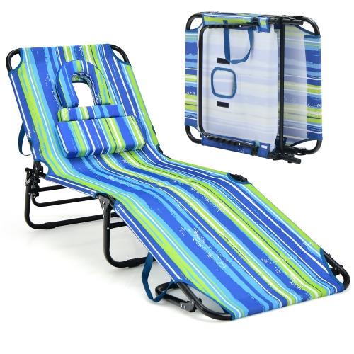 Gymax 2PCS 5-Position Lounge Chair Adjustable Beach Chaise w/ Face Cavity & Pillows
