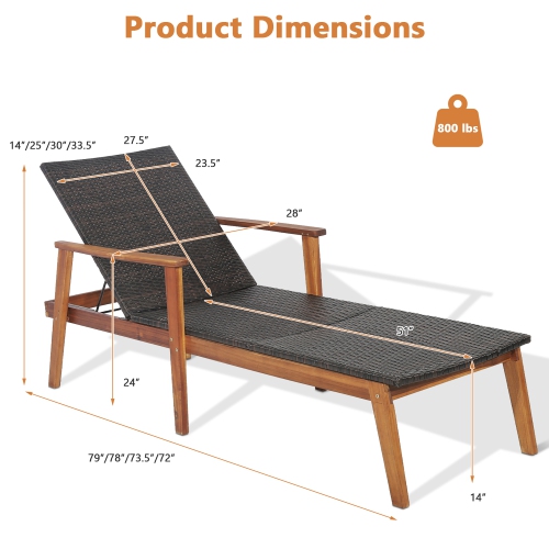 Gymax Adjustable Patio Rattan Lounge Chair Recliner Outdoor Chaise Acacia Wood Frame