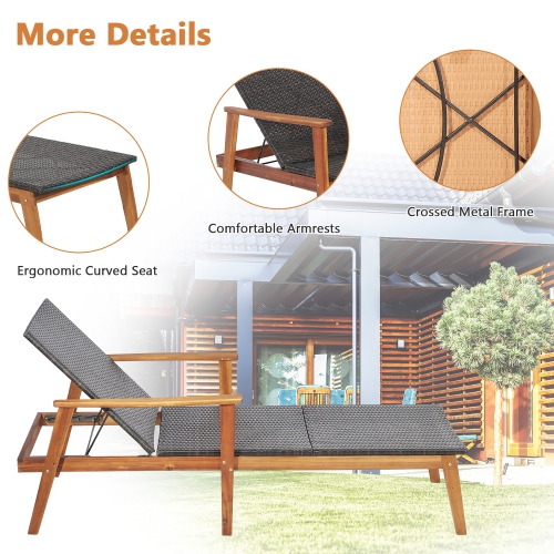 Gymax Adjustable Patio Rattan Lounge Chair Recliner Outdoor Chaise Acacia Wood Frame