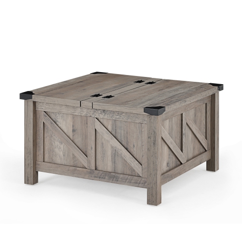 WAMPAT Grey Wash Coffee Table, Farmhouse Square Wood Center Table with Gas Struts Flip-Top for Extra Large Hidden Storage, Metal Bracket Corner,