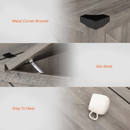 WAMPAT Grey Wash Coffee Table, Farmhouse Square Wood Center Table with Gas Struts Flip-Top for Extra Large Hidden Storage, Metal Bracket Corner,