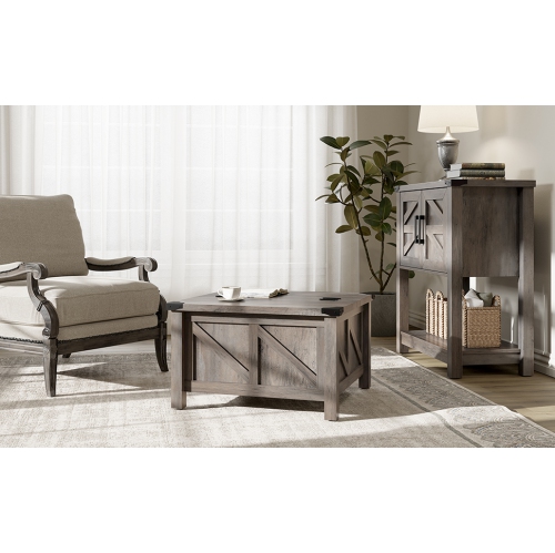 WAMPAT Grey Wash Coffee Table, Farmhouse Square Wood Center Table with Gas Struts Flip-Top for Extra Large Hidden Storage, Metal Bracket Corner,