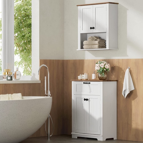 WAMPAT Bathroom Wall Mounted Cabinet with Doors, Hanging Medicine Cabinet Cupboard with Adjustable Storage Shelf for Entryway and Toilet, Wood,