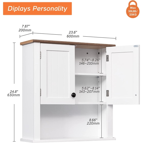 WAMPAT Bathroom Wall Mounted Cabinet with Doors, Hanging Medicine Cabinet Cupboard with Adjustable Storage Shelf for Entryway and Toilet, Wood,