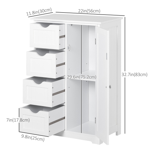 kleankin Bathroom Cabinet, Floor Storage Cabinet with Adjustable Shelf and 4 Drawers, Freestanding Side Cabinet for Washroom, Entryway, White