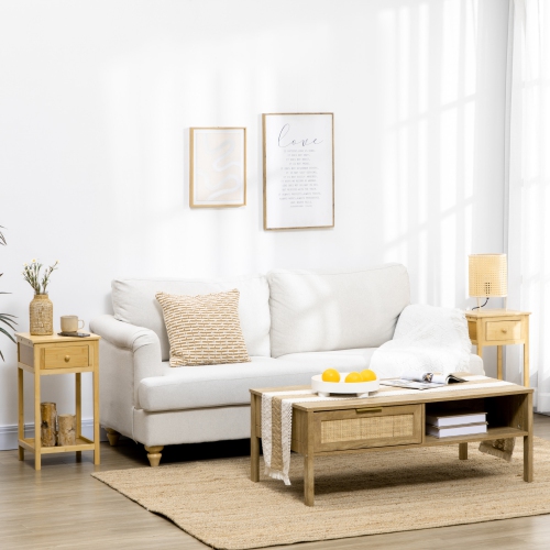 HOMCOM Side Table Set of 2, Narrow End Tables with Drawer and Storage Shelf, Nightstand with Bamboo Frame for Small Spaces, Living Room, Bedroom,